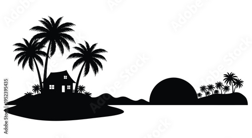 Tropical island scene with palm trees and a small house silhouette