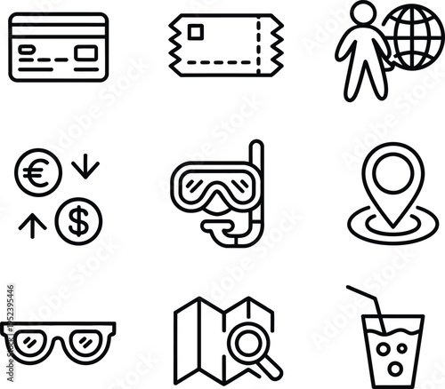 Travel and Global Tourism Icon Set. Vacation, Navigation, Currency Exchange. Vector Icons