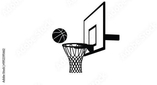 A basketball poised above a hoop in stark black silhouette