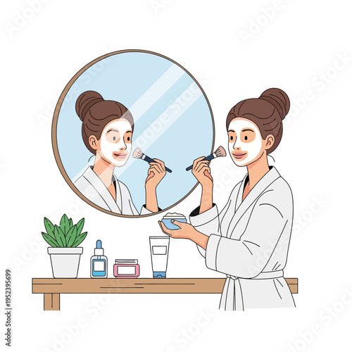 Woman applying face mask with brush in front of mirror, skincare routine illustration