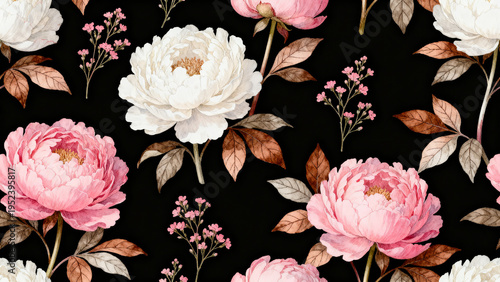 Floral pattern seamless design featuring large pink and white peony blossoms with delicate sprigs, arranged elegantly across deep black background, creating romantic, vintage, decorative textile style