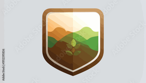 Green shield emblem with a growing plant, depicting serene hills and sky. Symbolizing concepts of environmental protection, sustainability, and organic growth for a healthy ecosystem