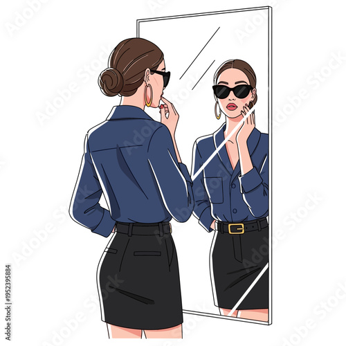 Woman checking reflection in mirror, elegant outfit, confidence, self-care, fashion illustration