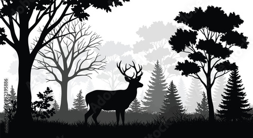 A majestic stag stands in a dark forest landscape silhouette