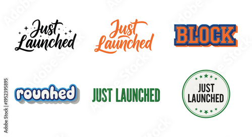 Just launched logo typography collection with bold fonts, cursive styles, badge emblems, colorful lettering, promotional branding graphics, product release design, flat vector illustration