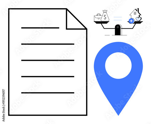 Financial decision factors. Financial considerations are with a document, location pin, and a scale balancing costs and benefits. Financial planning, investments, real estate, loans, business