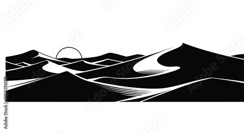 Abstract black and white desert landscape with a rising sun silhouette