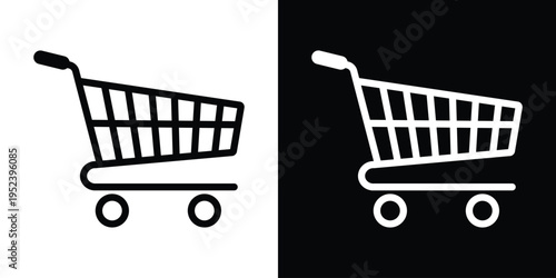 Classic outline shopping cart vector icon. Clean black and white design for retail websites, grocery apps, e-commerce stores, and digital consumer experience interfaces.
