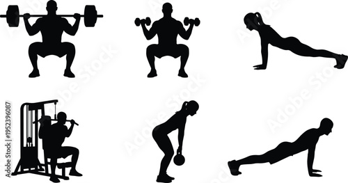 Fitness silhouette illustration set, strength training and workout artwork, exercise design inspiration, dynamic gym pose collection