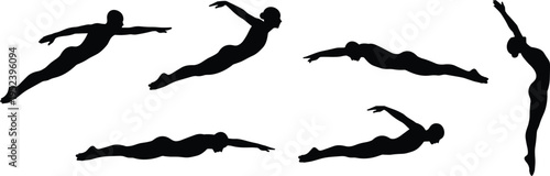 Diving silhouette illustration set, swimming and water sports artwork, athletic motion design inspiration, diver pose collection