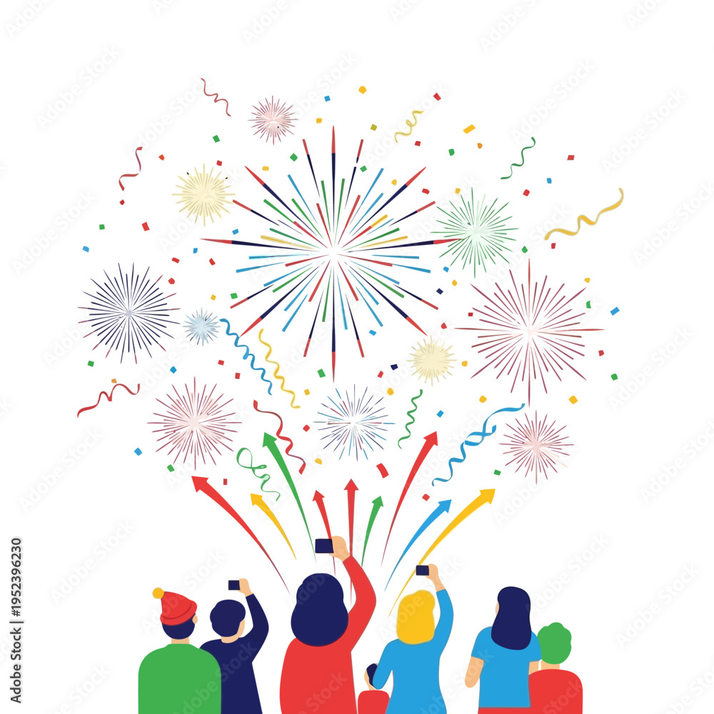 Fototapeta premium People watching colorful fireworks display and confetti celebrating a festive event