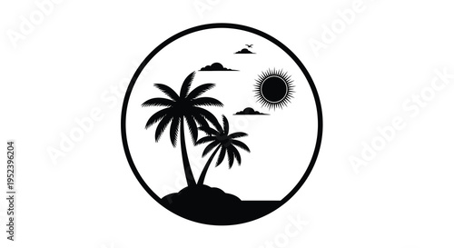 Tropical island scene with palm trees and sun black silhouette