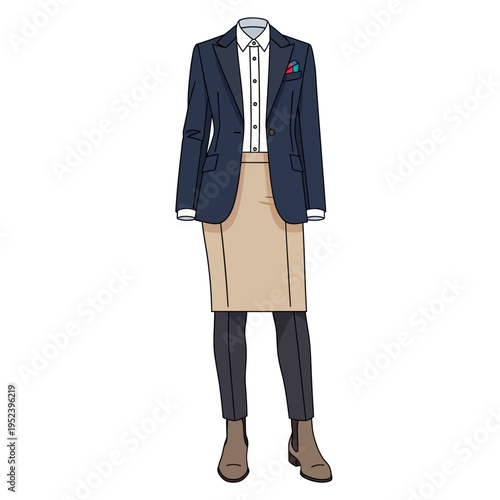 Business Professional Women's Outfit: Navy Blazer, White Shirt, Tan Skirt, Trousers, Boots