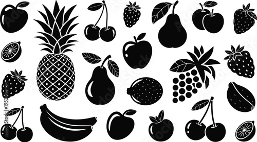 Fruit silhouette illustration set, food and nutrition artwork, healthy eating design inspiration, decorative fruit symbol collection