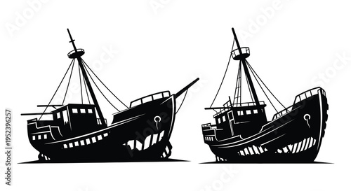 Two vintage sailing ships depicted in a striking black silhouette