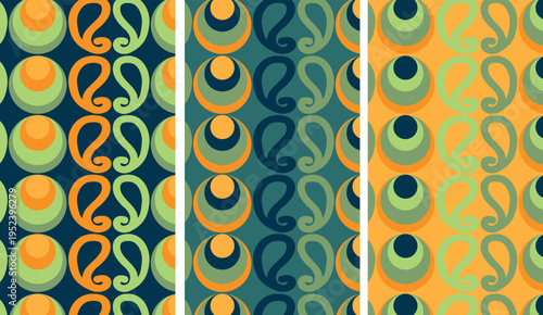 Seamless abstract pattern with layered circular shapes and flowing curves in retro palette, repeating composition in teal green orange mustard and navy tones