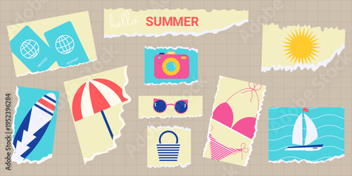 A summer collage in a trendy torn paper style with beach and travel elements a passport, camera, sunglasses, swimsuit, umbrella, surfboard, and sailboat. Perfect for travel posters.