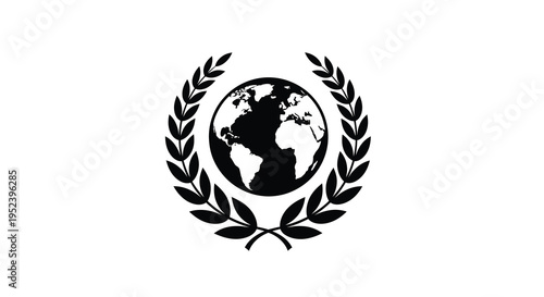 Globe encircled by a laurel wreath a striking black silhouette