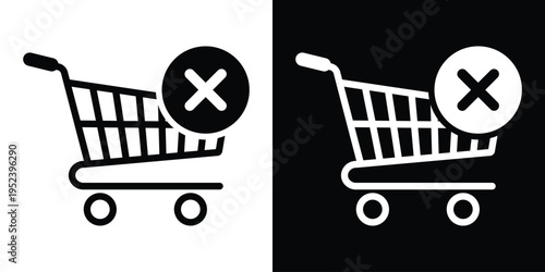 Vector shopping cart icon with a cross mark symbol. Black and white versions representing order cancellation, removing items from basket, and e-commerce checkout errors.