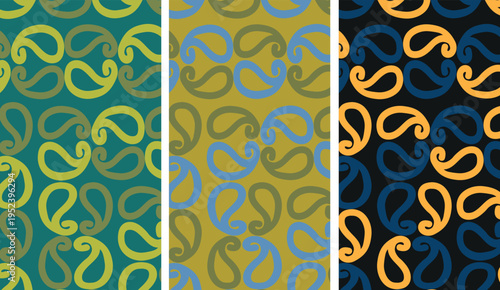 Seamless abstract pattern with flowing curved shapes in retro palette, repeating composition in teal green mustard navy and orange tones