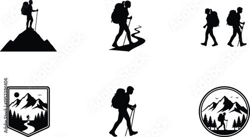 Hiking silhouette illustration set, outdoor adventure artwork, trekking and nature design inspiration, dynamic hiker pose collection