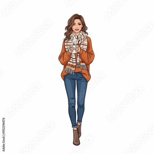 Cozy Woman Holding Hot Drink in Autumn/Winter Outfit, Fashion Illustration
