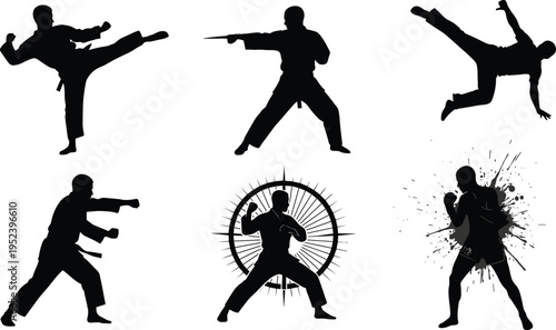 Martial arts silhouettes, high kick, aerial strike, weapon stance, boxing pose, defensive guard, dynamic fighter, combat training, martial icon set
