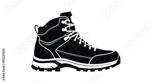A black and white silhouette of a high top hiking boot