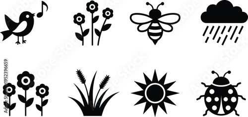 Nature silhouette illustration set, springtime artwork collection, seasonal design inspiration, decorative outdoor symbol and icon set