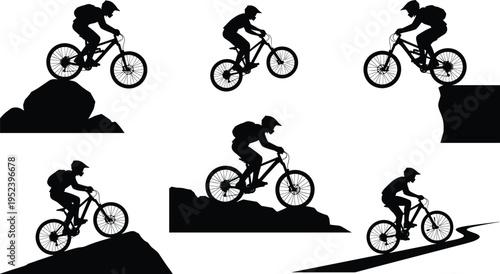 Mountain biking silhouette illustration set, cycling and outdoor sport artwork, adventure design inspiration, dynamic rider pose collection