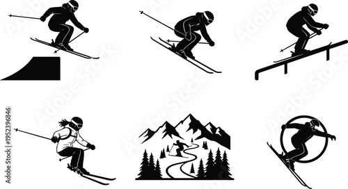 Skiing silhouette illustration set, winter sports artwork, freestyle and downhill design inspiration, dynamic skier pose collection