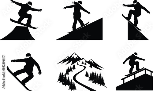 Snowboarding silhouette illustration set, winter sports artwork, extreme adventure design inspiration, dynamic snowboarder pose collection