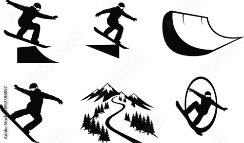 Snowboarding silhouette illustration set, winter sports artwork, extreme adventure design inspiration, dynamic snowboarder trick collection