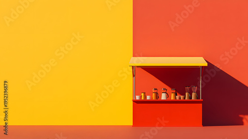 Vibrant coffee stall with yellow canopy stands against bold yellow and red backdrop, creating striking contrast. minimalist setup includes coffee cups and pots, evoking cheerful atmosphere