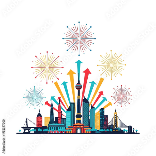 Skyscraper Cityscape with Fireworks and Upward Arrows
