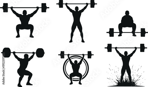 Weightlifting silhouette illustration set, strength training artwork, barbell exercise design inspiration, dynamic lifter pose collection