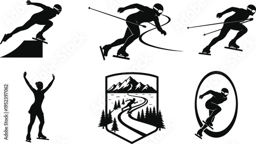 Winter sports silhouette illustration set, skiing and ice skating artwork, dynamic athlete design inspiration, seasonal motion collection