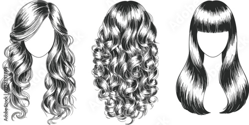 Women’s hairstyle illustration set, fashion and beauty artwork, hair texture and styling inspiration, realistic hair design collection