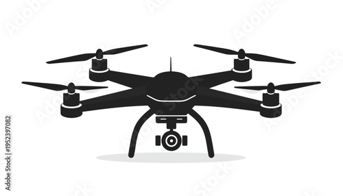 Modern quadcopter drone silhouette with camera, representing advanced remote control technology for aerial photography, surveillance, and exploration