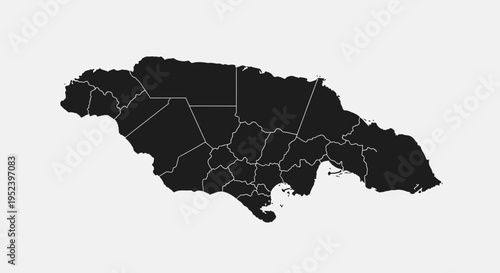 Map of Jamaica with internal divisions, black silhouette on a gray background