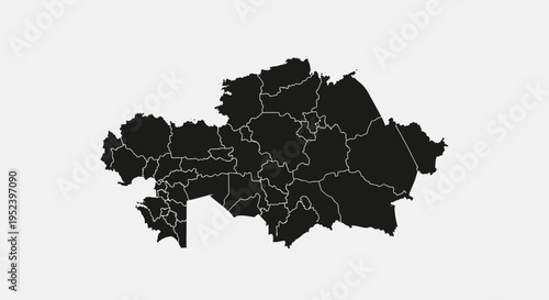 Map of Kazakhstan with administrative divisions, dark silhouette on a light gray background.