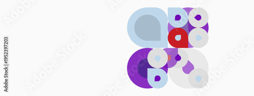 Abstract circles overlap, creating playful composition. Purple, gray, white hues dominate simple design. Modern aesthetic.