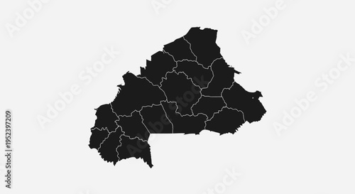 Map of Burkina Faso with Regions, Black Silhouette, Isolated on White Background