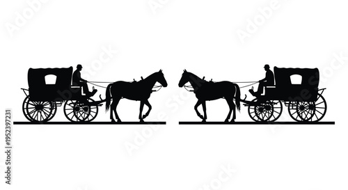 Two horse drawn carriages travel side by side in a striking silhouette