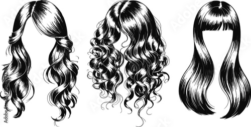Women’s hairstyle illustration set, fashion and beauty artwork, hair texture and styling inspiration, realistic hair design collection