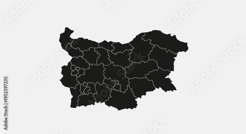 Map of Bulgaria with administrative regions, black silhouette on a light gray background