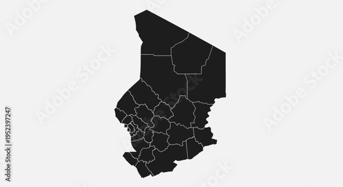 Map of Chad, Political Divisions, Black Silhouette on White Background