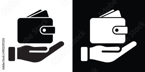 Minimalist icon of a hand holding a wallet, symbolizing financial support, assistance, or money service. Clean black and white vector design ideal for banking, fintech, or investment concepts.