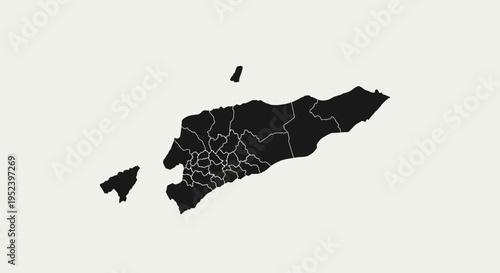 Map of East Timor with Administrative Divisions, Black Silhouette on Light Background