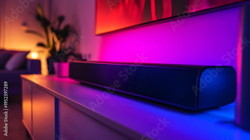 Sleek soundbar with vibrant cinematic lights enhances modern living room, creating immersive audio visual experience. ambient lighting adds cozy atmosphere